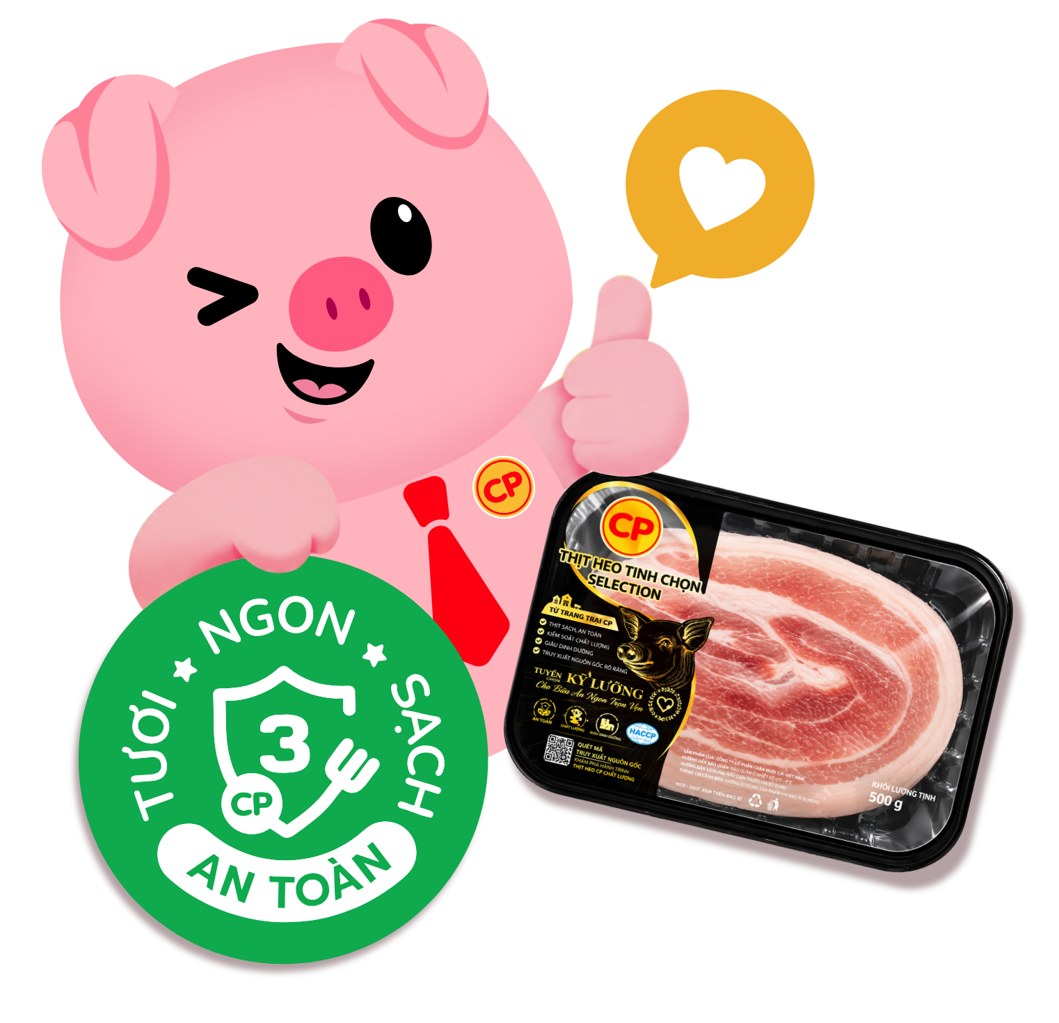 Chú heo CP cùng khay thịt heo tinh chọn và huy hiệu Tươi - Ngon - Sạch - An toàn